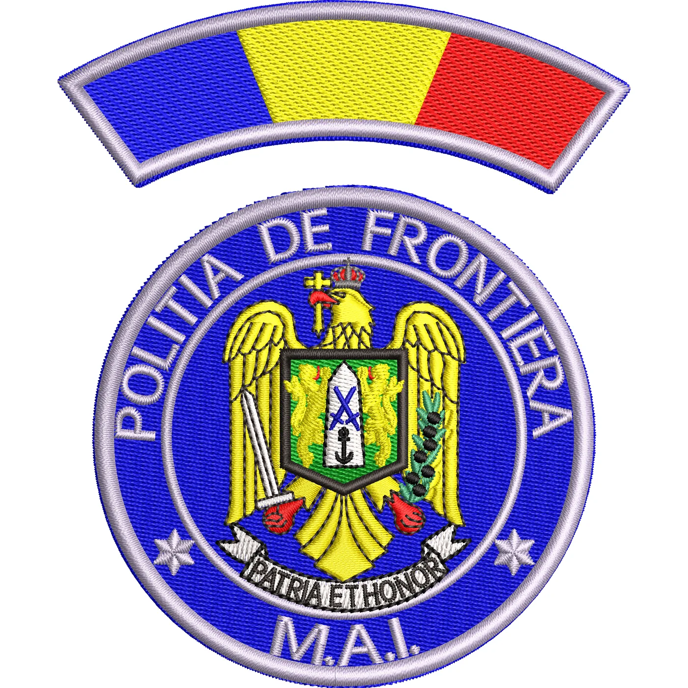 Emblema politia de frontiera romana IGPFR + EMBLEMA TRICOLOR MANECA ( BRODATA CU ATA METALIZATA ARGINTIE )
