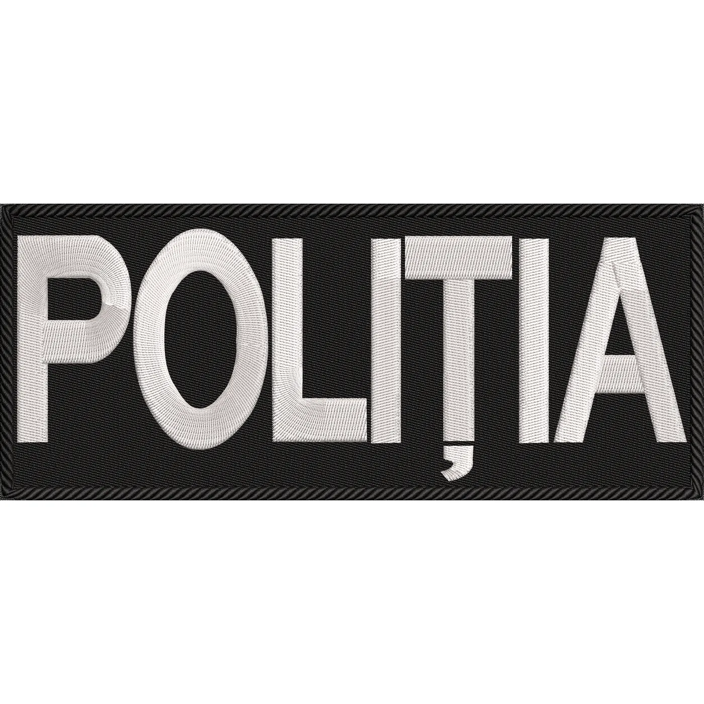 EMBLEMA SPATE VESTA TACTICA / TRICOURI / CAMASI / JACHETE / ETC. - POLITIA ROMANA 28 CM X 10 CM - NEGRU ( DIMENSIUNE PERSONALIZATA IN FUNCTIE DE NECESITATI / NEVOI )